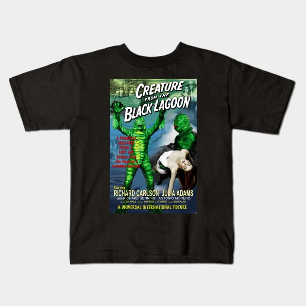 The Creature from the Black Lagoon Faux Retro Movie Poster Kids T-Shirt by xenomorphicpress